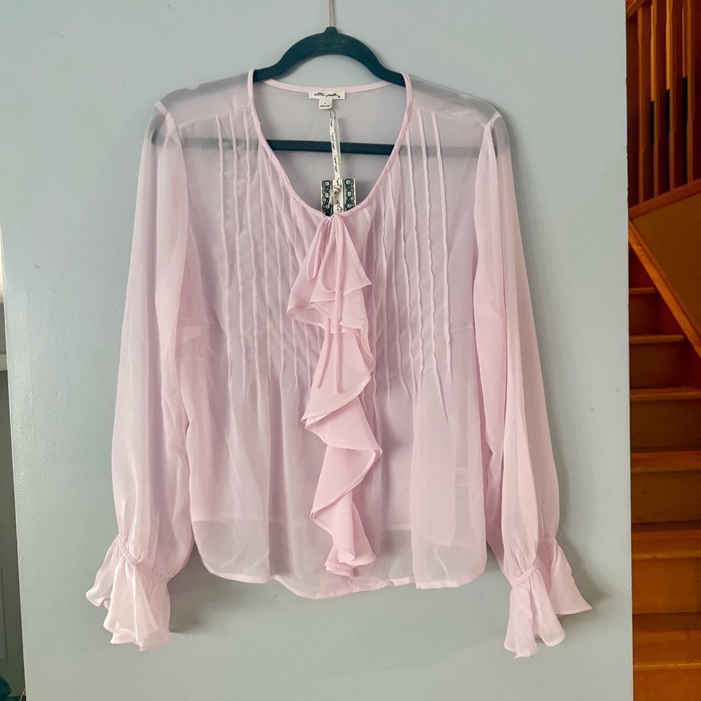Romantic Ultra Pink Soft Pink Ruffle Front Blouse